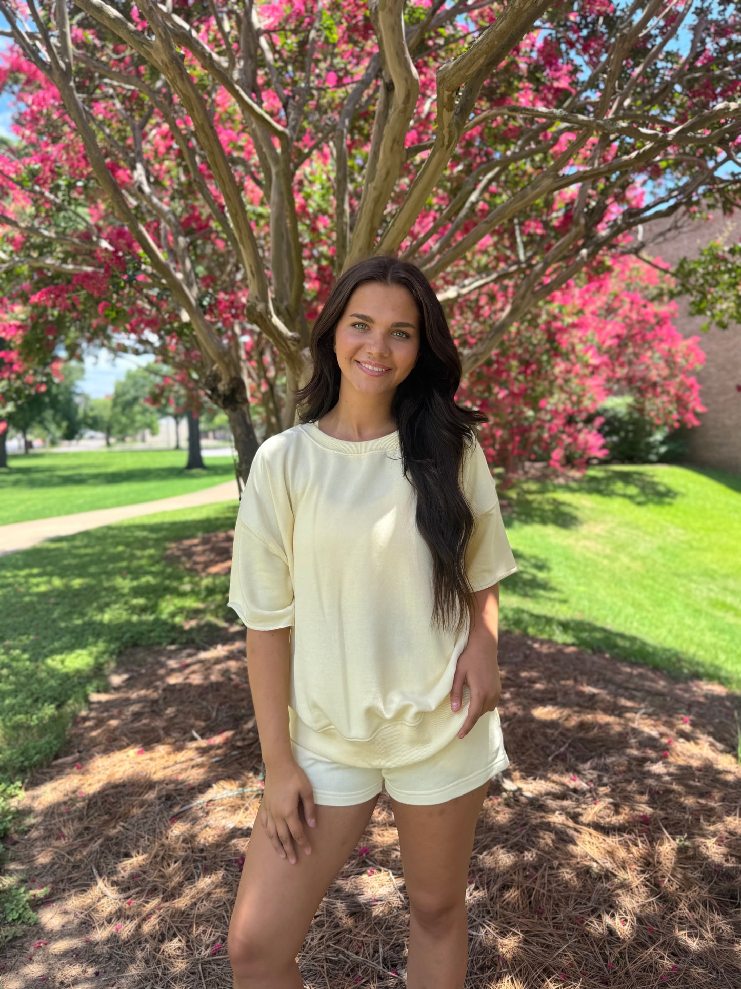 Butter yellow oversized crop sleeve crew
