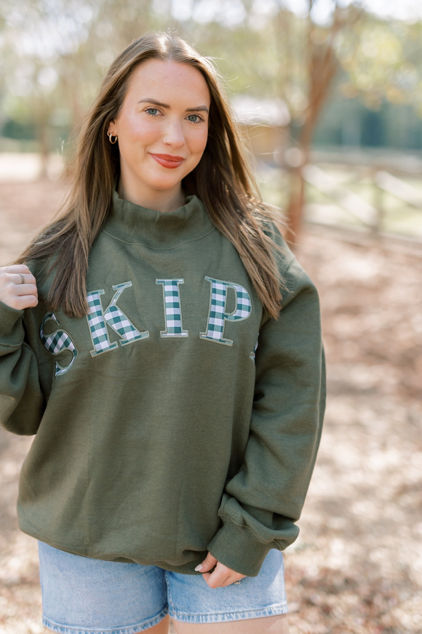 Olive Gingham Mockneck