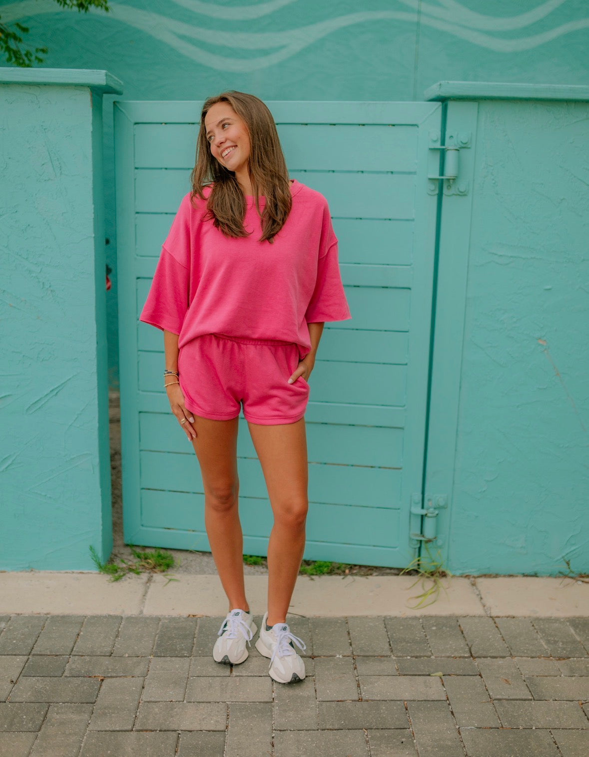 Hot Pink oversized cropped sleeve crew