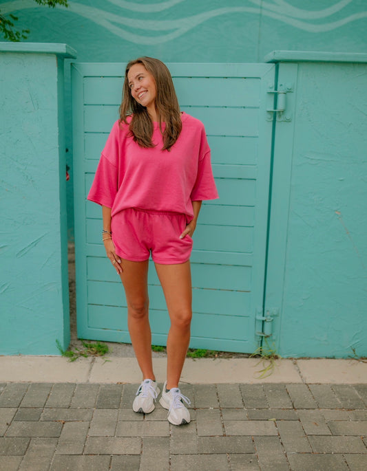 Hot Pink oversized cropped sleeve crew