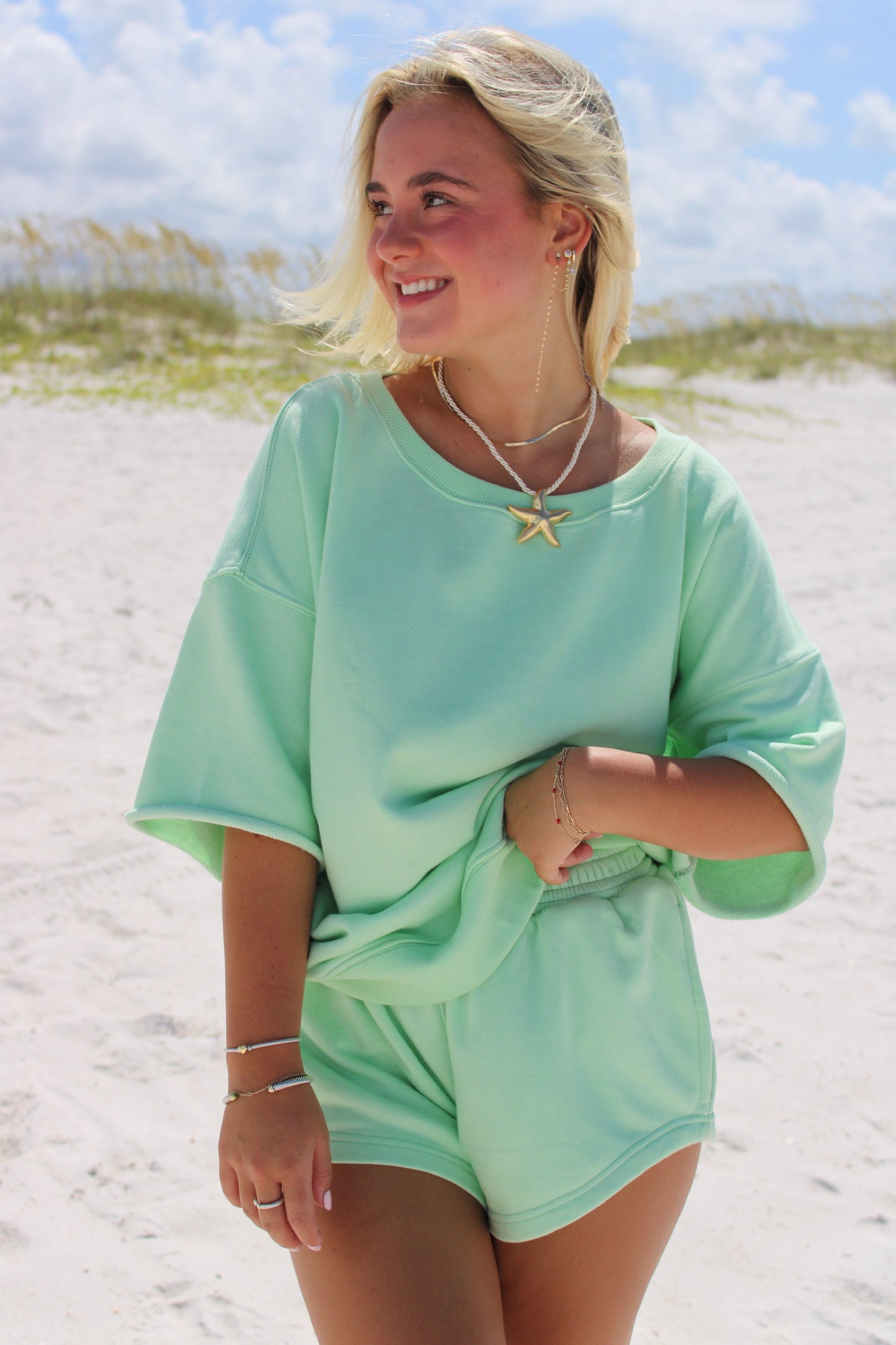 Lime Crop Sleeve Crew