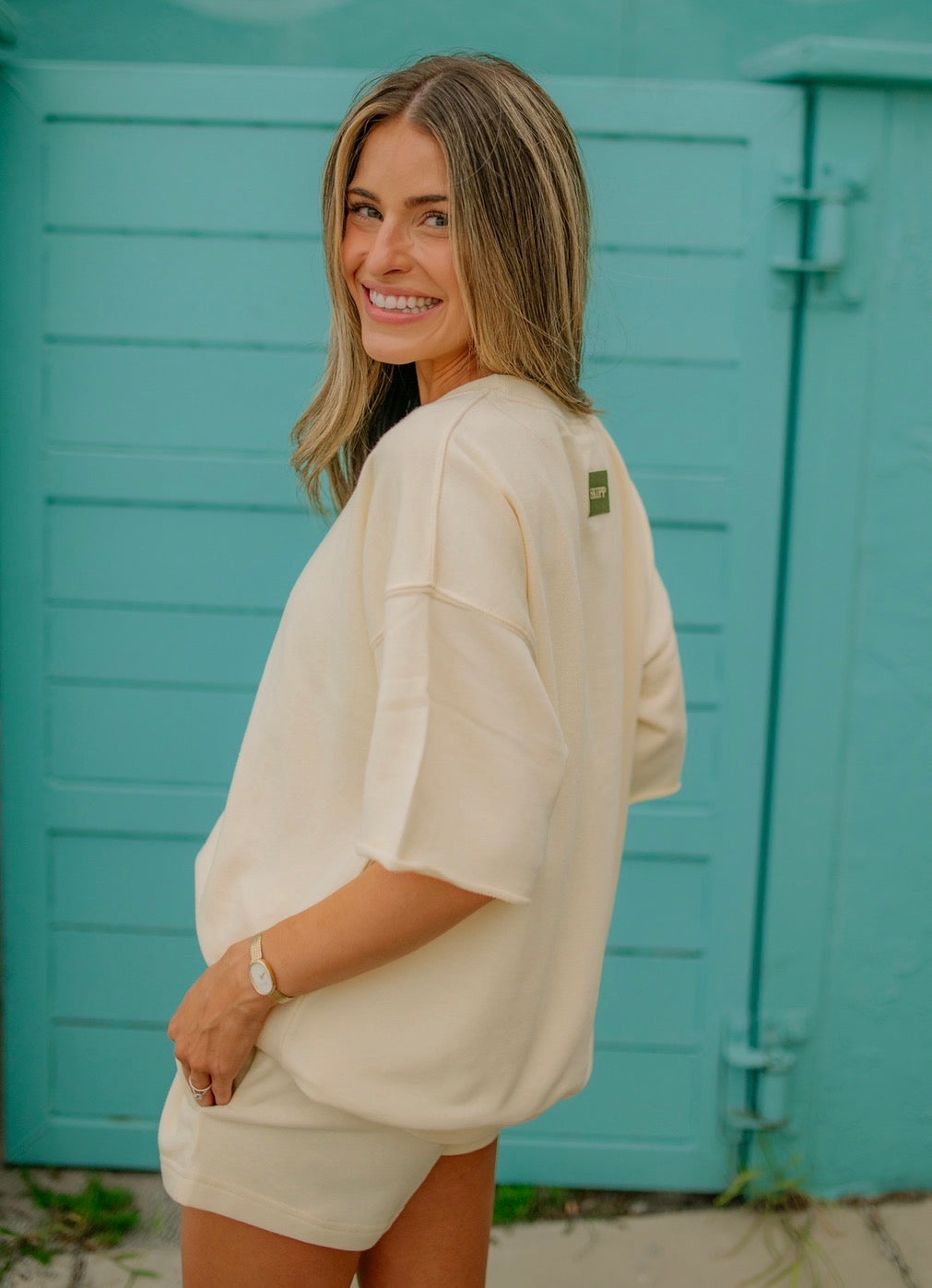Butter yellow oversized crop sleeve crew