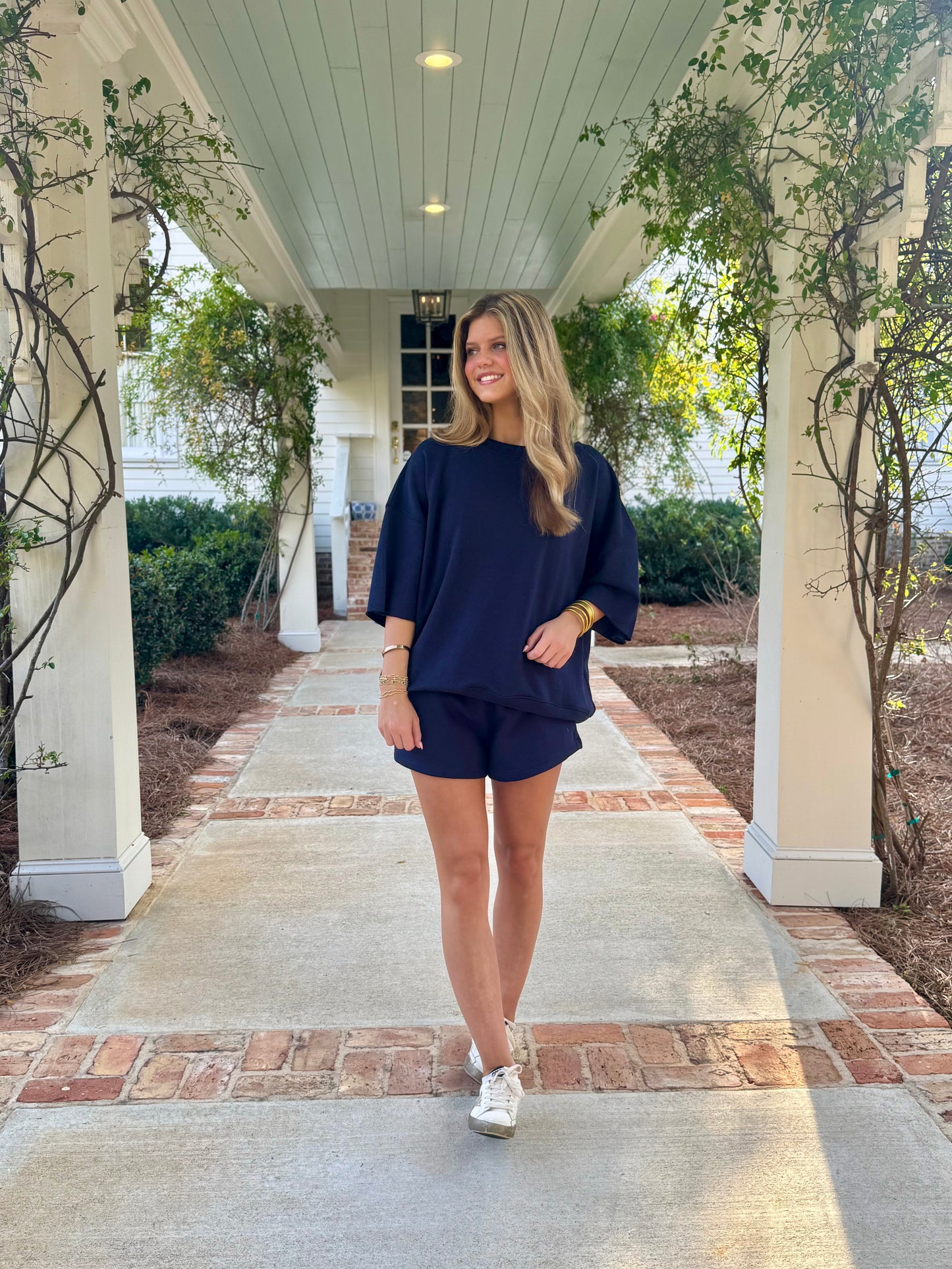 Oversized Crop Sleeve Crew in Navy